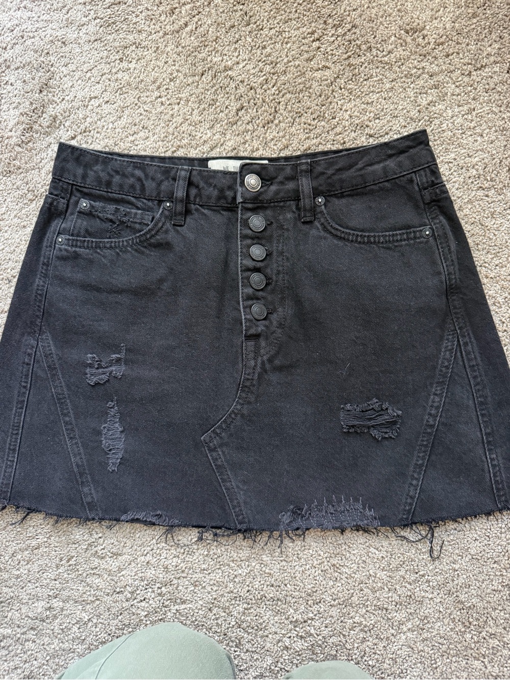 We The Free Black Distressed Button-Front Denim Mini Skirt